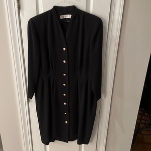 Polyester crepe button front knee length coat dress pleated at the waist